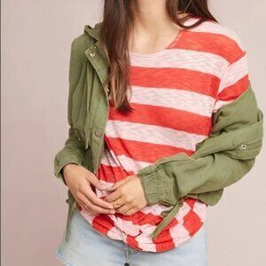 Anthropologie Orange White Stripe Knit Layering Dolman Cropped Sweater Top S